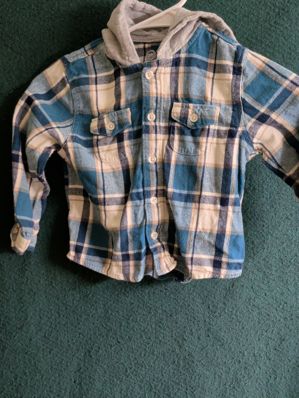 Blue and Cream Plaid Hooded Button-Up Shirt